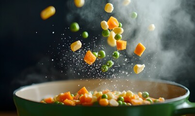 Extreme detail on vibrant yellow corn kernels, bright green peas and neatly diced orange carrots, Generative AI