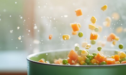 Extreme detail on vibrant yellow corn kernels, bright green peas and neatly diced orange carrots, Generative AI