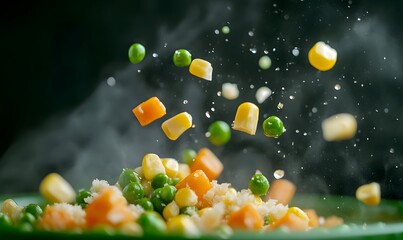 Extreme detail on vibrant yellow corn kernels, bright green peas and neatly diced orange carrots, Generative AI