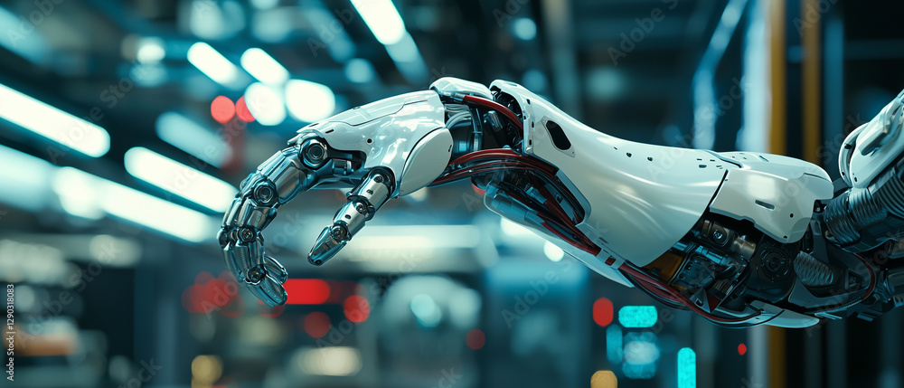 Poster close up of robotic arm in futuristic workspace, showcasing advanced technology