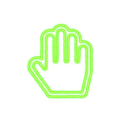 Icon hand palm from the flow of energy of green color. Shimmering neon
