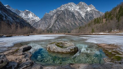 Snowy Mountain Lake Landscape in Winter