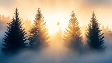 Obraz premium Misty sunrise illuminates three silhouetted evergreen trees in a forest.