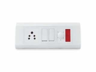 set of sockets on white isolated background. Childproof, safety plug inserted into the socket. The idea is the safety of children in the house. horizontal photo