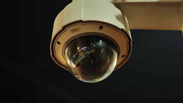 High-tech surveillance camera mounted on a pole observing surroundings at night