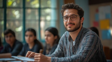 Obraz premium professor distributing evaluation sheets to students during viva session in classroom