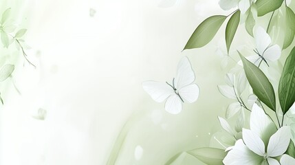 Soft Green and White Floral Background with Butterflies