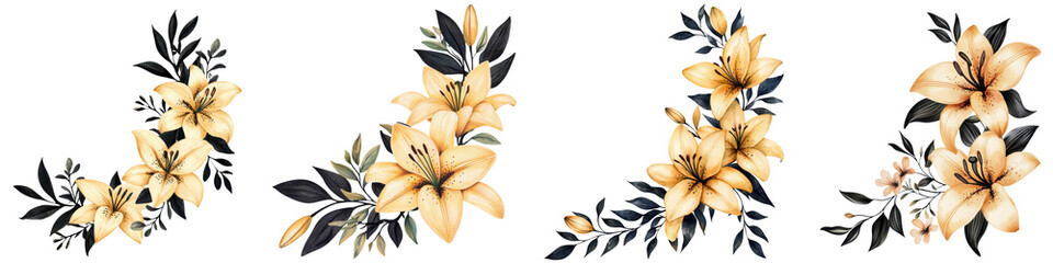 Fototapeta premium Elegant and romantic floral bouquet arrangement with beautiful yellow and orange blooming flowers and black leaves and petals set against a clean white background