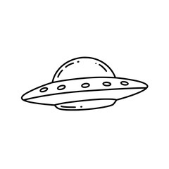 UFO Outline in Flight: A captivating, minimalist black outline of an unidentified flying object (UFO) appears in flight. The object, in a simple, classic saucer shape. © thegreenpixel