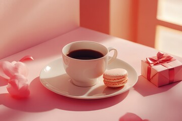 A cozy Valentine&acirc;&euro;&trade;s Day breakfast setup with coffee, macarons, and a small wrapped gift on a pink table.