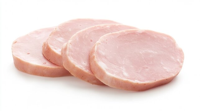 Mortadella Slice Isolated, Luncheon Meat Cut, Chicken Ham, Boiled Sausage for Breakfast, Mortadella Slices on White Background