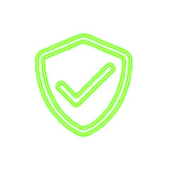 Icon shield check from the flow of energy of green color. Shimmering neon