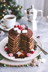 Chocolate mint christmas pancakes with coffee and candy canes