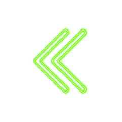 Icon chevron double left from the flow of energy of green color. Shimmering neon