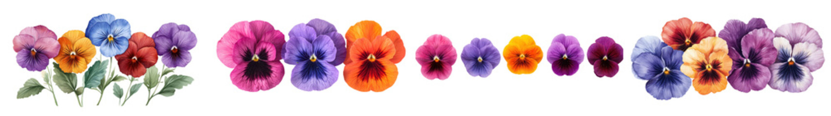 Naklejka premium Vibrant Pansy Flowers in Colorful Floral Arrangement or Garden Bouquet Assortment of Pansies or Violas in Bloom with Green Leaves on Natural Background