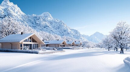 Snowy mountain chalet village winter landscape; real estate