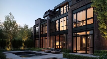 Naklejka premium Modern brick homes, backyard pool, twilight. Real estate marketing