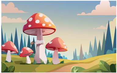 A vibrant illustration of three mushrooms with orange and yellow caps, surrounded by lush green leaves and foliage, creating a whimsical forest scene.