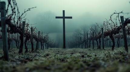 A vineyard with a cross in the background