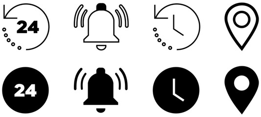 Address location icon. Notification bell icon. Timer time icon - Web icons set