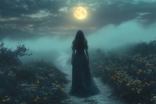 A solitary figure in a dark gown gazes at a luminous full moon over a misty landscape, perfect for Halloween, mystical themes, or fantasy storytelling.