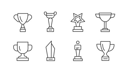 Awards icons set. Collection of 8 minimal vector icons representing various awards such as trophies, medals, ribbons, and certificates. Ideal for celebrating achievements. Vector illustration