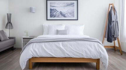 A serene bedroom features a cozy bed with white linens, wooden accents, and soft textures, inviting relaxation in natural light