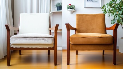 Old chair receives a fresh makeover, rejuvenating its appearance in a warm, inviting living room filled with natural light