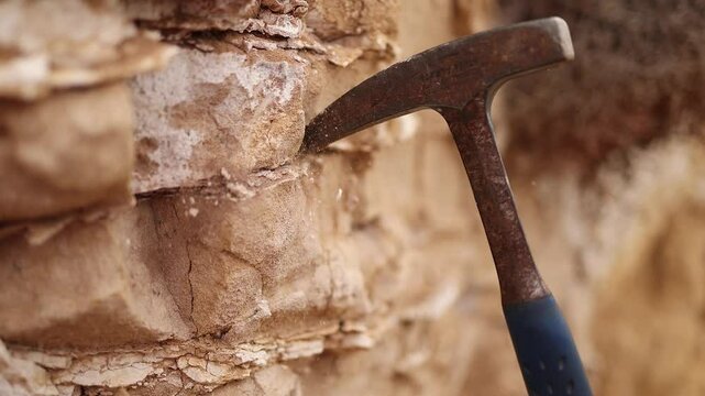 Rock pick hammer used by geologist to break rock from cliff, close-up
