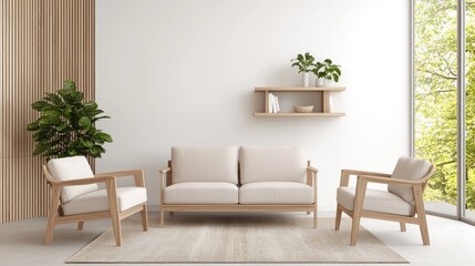 Fototapeta premium Minimalist living room, wooden furniture, plants, window view, serene design, home decor