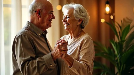 Cheerful retired spouses, husband and wife dancing and watching each other in the living room, a happy romantic couple enjoying a slow dance, celebrating an anniversary at home. Generative 4k video. - Powered by Adobe