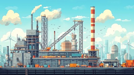 Obraz premium Industrial Complex with Wind Turbines and City Skyline.