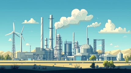 Obraz premium Industrial Complex with Wind Turbines.