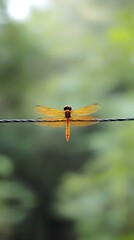 Orange dragonfly on wire, jungle background