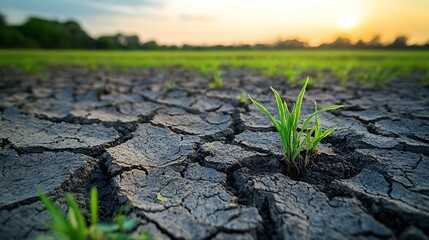 Young Plant Sprouting in Dry Cracked Earth at Sunset