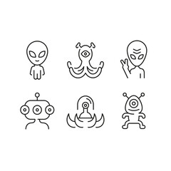 Alien icons. Minimalistic alien and robot icons set with unique extraterrestrial design. UFO, alien waving, Saturn, alien spaceship, Ray gun. Design signs for web page. Vector illustration.