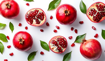 Juicy Pomegranates  Seeds   Leaves  Flat Lay