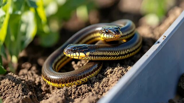 Two-headed snake coiled in garden soil surrounded by greenery in bright sunlight