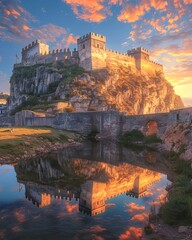 Fototapeta premium A fortress reflected in the calm sea and illuminated by a golden sunrise