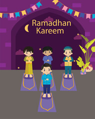 Flat Design Ramadan Kareem Poster with Lanterns and Crescent Moon