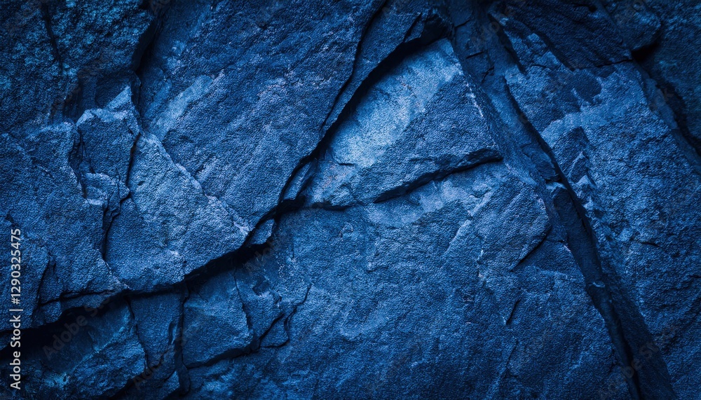 Poster textured cracked blue rock surface with deep crevices and sharp edges, ideal for backgrounds, digita