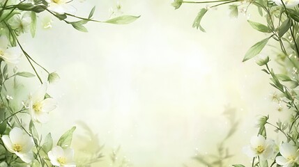 Soft White Flowers and Green Leaves Frame on Pastel Background