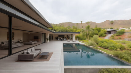 Fototapeta premium A luxurious modern home with sleek design, featuring a large pool, spacious patios, and contemporary furniture. Glass and steel elements, lush greenery, and a mountain or city view complete