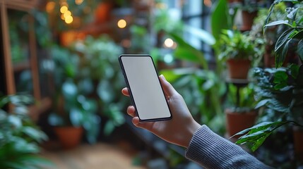 Persons hand holding smartphone and tapping on the touch screen with the screen being blank and focus on tech usage