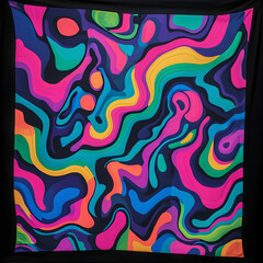 A vibrant, swirling psychedelic design with neon pinks, blues, and greens, creating a fluid, mesmerizing pattern on a deep black background