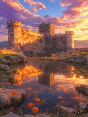 Fototapeta premium A fortress reflected in the calm sea and illuminated by a golden sunrise