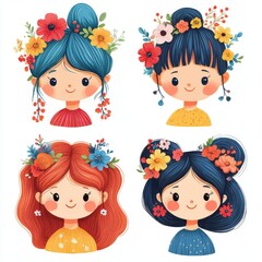 Naklejka premium Adorable Girls with Flower Crowns Cute Cartoon Illustrations