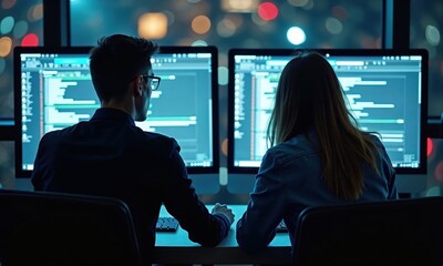 pair of programmers or tech professionals working side by side in a dark, high-tech environment, coding on dual monitors with glowing screens, creating a dynamic and collaborative workspace