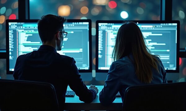 pair of programmers or tech professionals working side by side in a dark, high-tech environment, coding on dual monitors with glowing screens, creating a dynamic and collaborative workspace