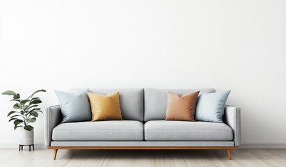 Light grey sofa with colorful pillows against white wall.